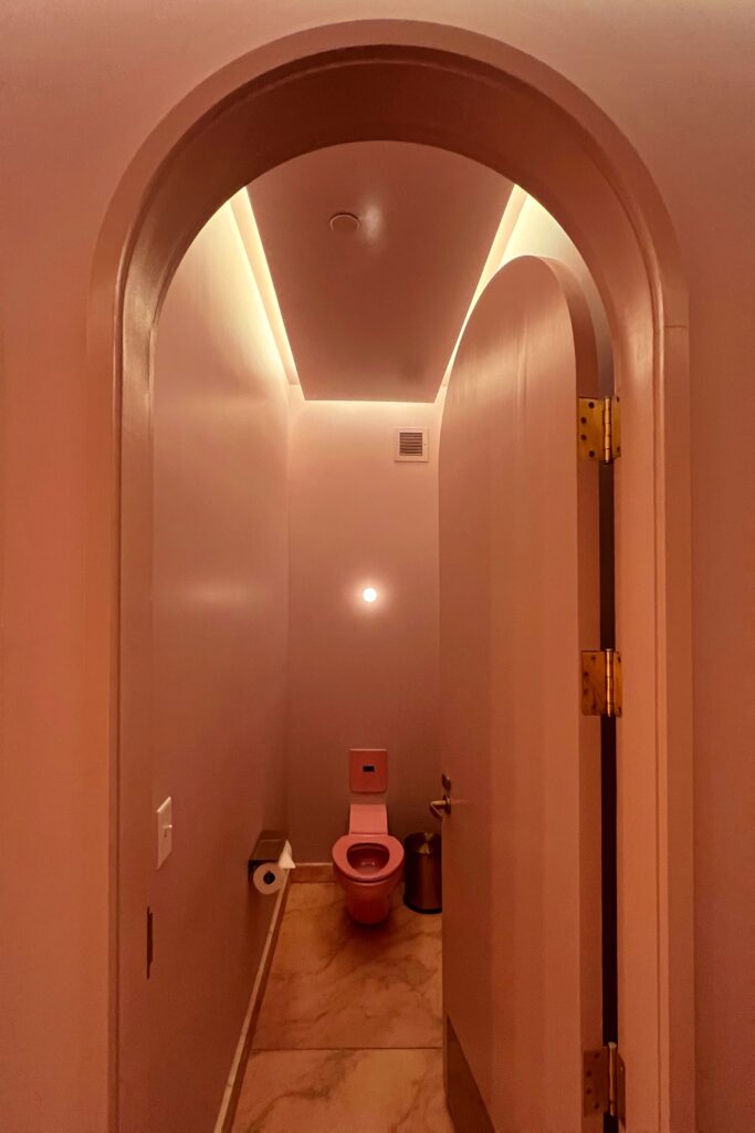 Arched doorway leading into the women’s bathroom stall at Drusie & Darr inside the Hermitage Hotel in Nashville, with a monochrome blush pink palette, marble flooring, and recessed lighting above a pink toilet — a bold example of modern hotel bathroom design.