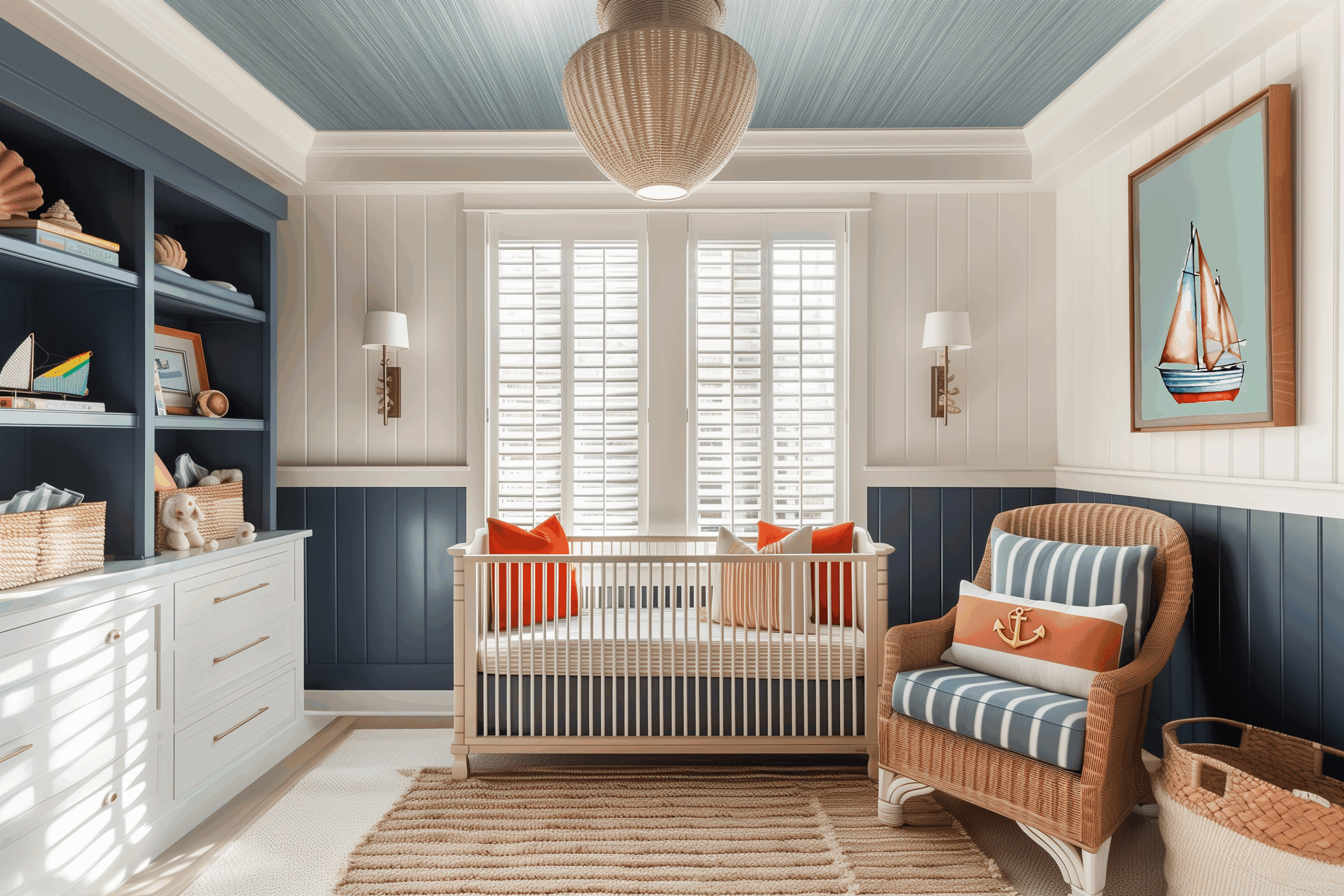 Nautical and coastal nursery interior design with layered home decor details, featuring a white crib with orange accent pillows, navy and white paneled walls, and a woven armchair with striped cushions and an anchor pillow. The baby room includes a framed sailboat art print, woven jute rug, built-in cabinetry with baskets, and a statement woven pendant light. A chic nursery interior design and home decor scheme that blends seaside charm with preppy yacht club style, creating a calming and timeless baby room.