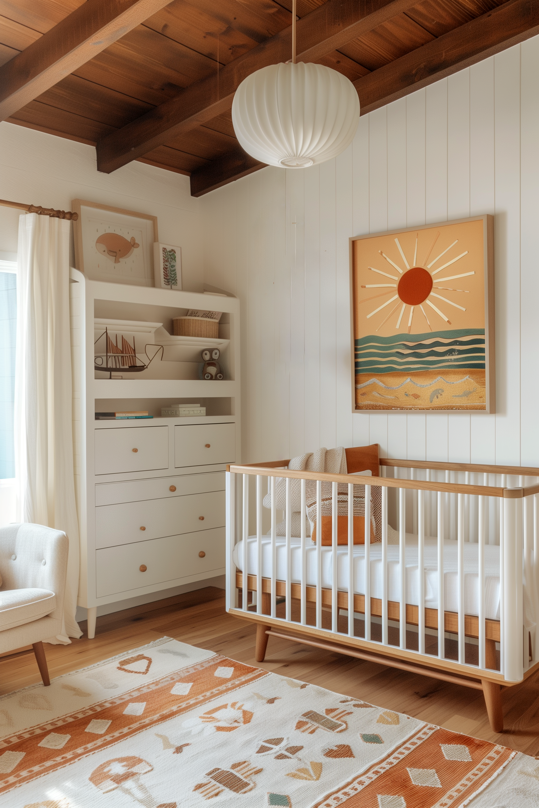 Sunshine-inspired nursery interior design with coastal and mid-century touches, featuring a white crib with natural wood accents, orange and neutral pillows, and a woven textured throw. A large framed sun and ocean art print hangs above wood-paneled walls, with open shelving styled with books, a toy sailboat, and baskets. The space includes a retro-style dresser, modern armchair, and patterned rug in warm earthy tones of terracotta, sand, and cream. A chic coastal nursery home decor idea that feels playful yet timeless.