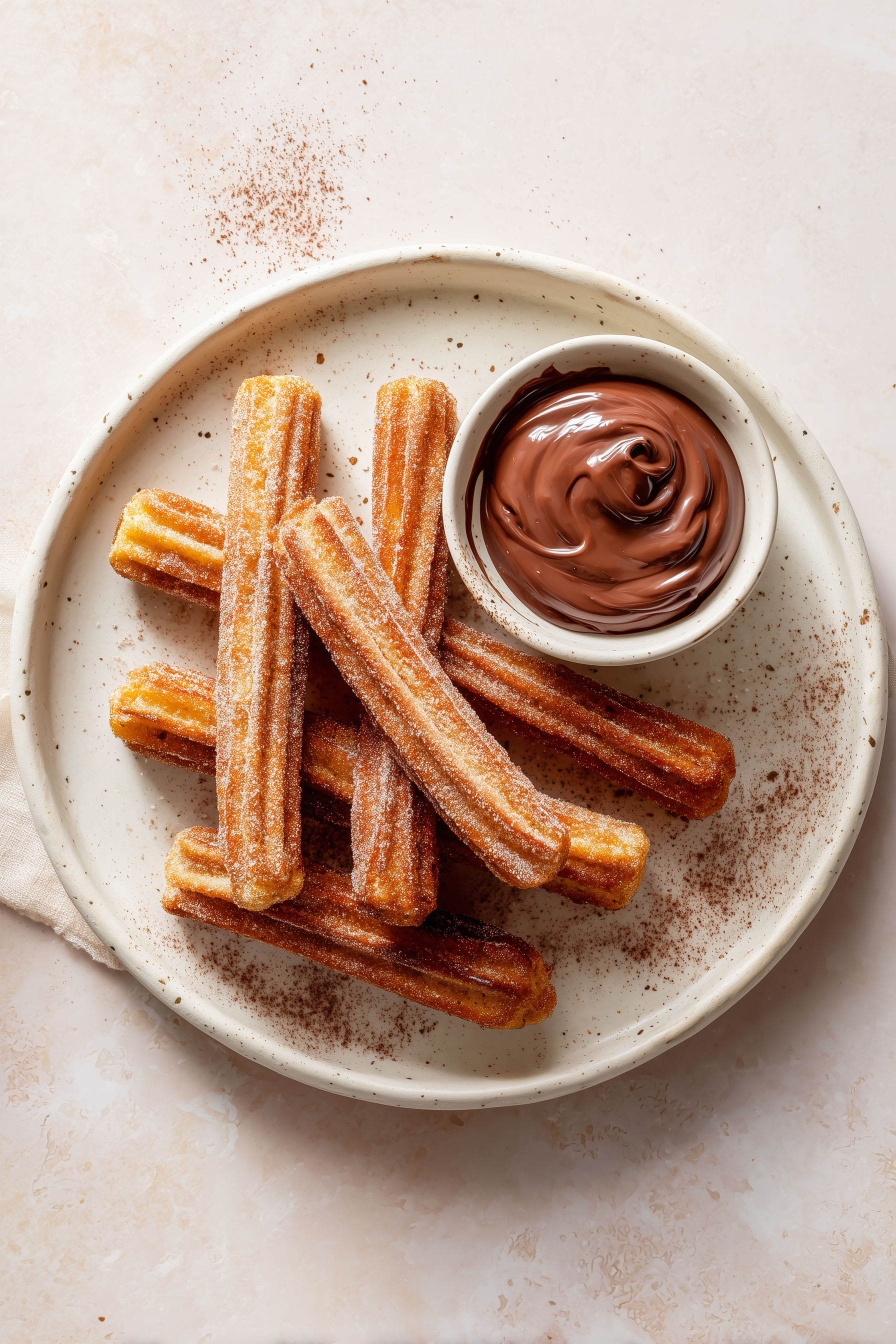Plate of golden churros coated in sugar served with a bowl of rich chocolate dipping sauce at El Moro Churrería in Mexico City.