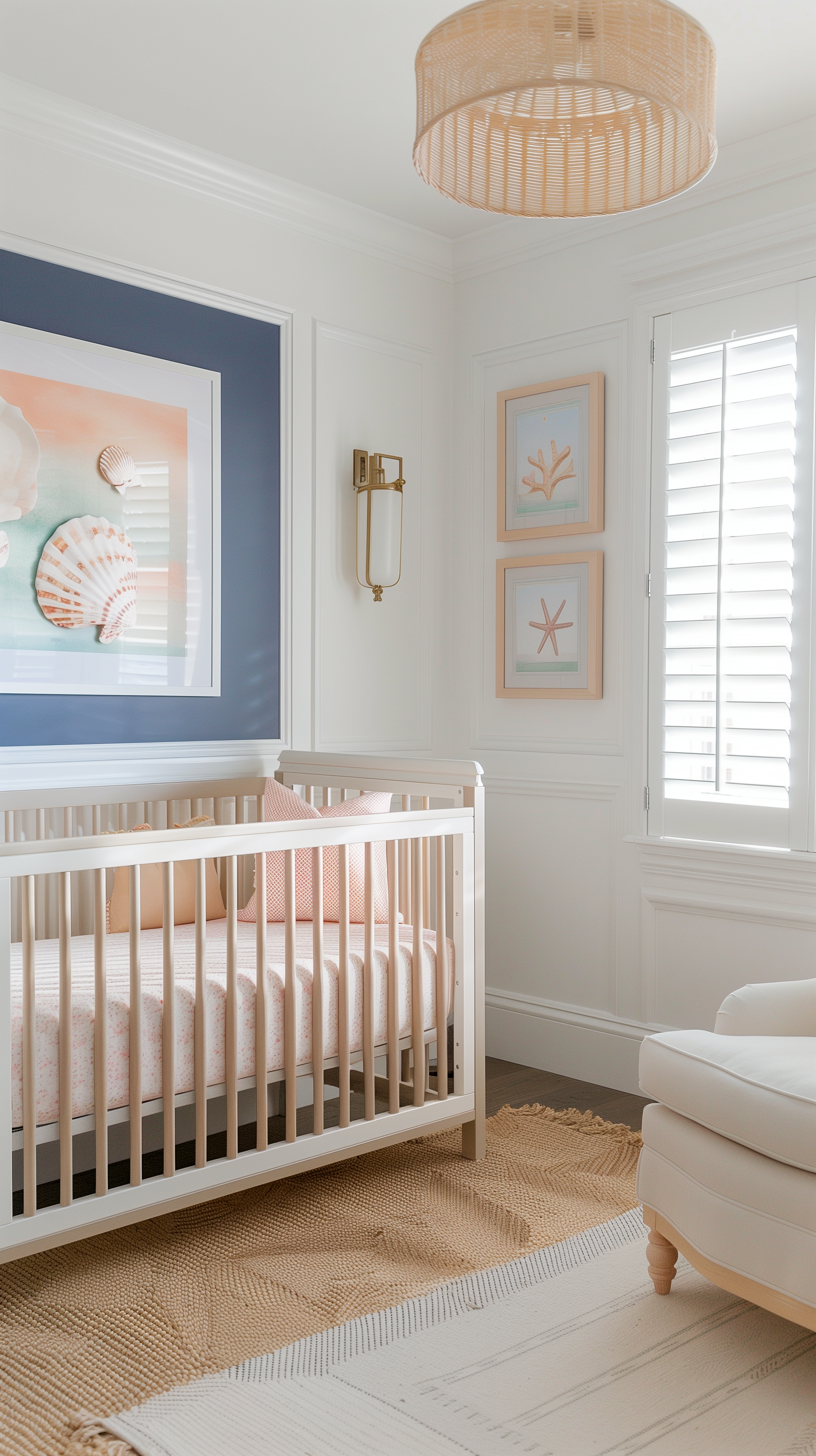 A modern coastal nursery design featuring a white crib, woven rattan light fixture, and seashell + starfish artwork on the walls. Styled with soft peach, sandy beige, and navy accents, this nautical-inspired baby room creates a serene, beachy vibe. Perfect for parents looking for coastal nursery ideas or nautical baby room inspiration.