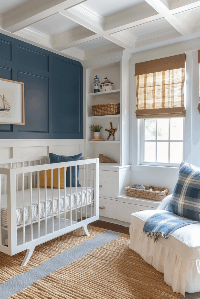 Coastal nautical nursery interior design with navy blue accent wall, white crib, and plaid throw blanket on slipcovered chair. Woven Roman shades, wicker storage baskets, and built-in shelves styled with lighthouse and sailboat decor bring a preppy coastal look to this chic baby room home decor.
