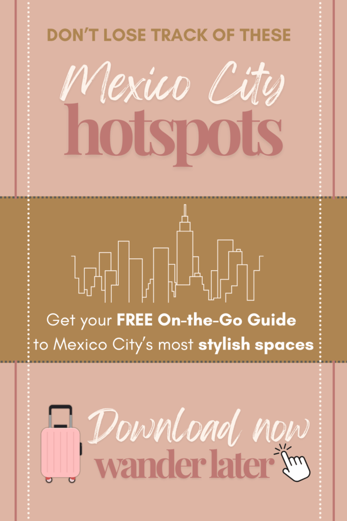 Stylish pink and gold Pinterest graphic promoting a free downloadable Aesthetic Mexico City Travel Guide by Roam & Reside. Text highlights the city’s most design-forward hotels, cafés, and cultural hotspots for travelers who love interior design and architecture.