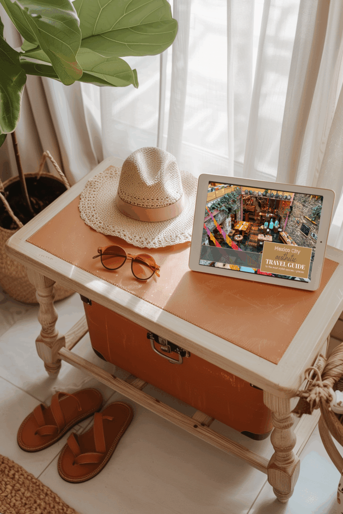 Editorial travel flat lay in a sunlit hotel room featuring a woven hat, sunglasses, leather sandals, and an iPad displaying the Roam & Reside Mexico City Aesthetic Travel Guide on a terracotta suitcase table, styled with warm textures and soft natural light.
