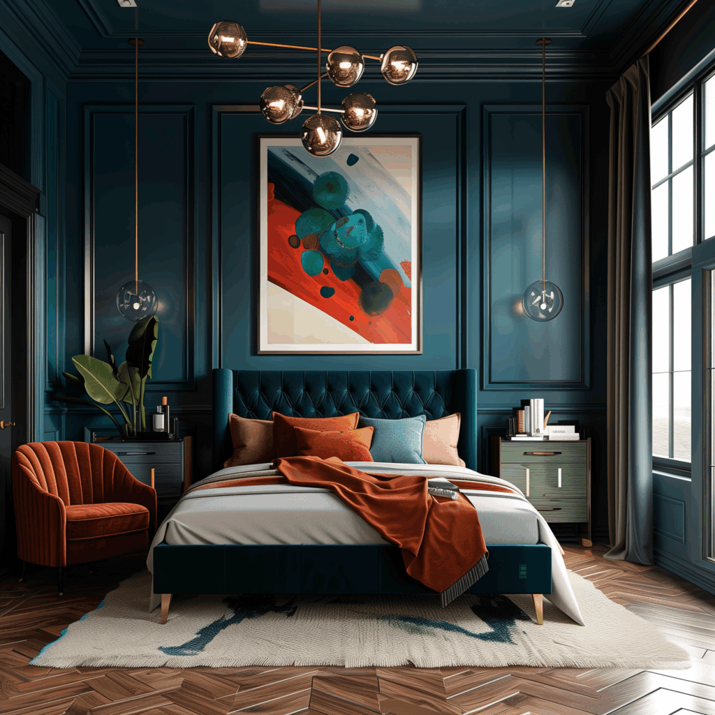 Modern Art Deco bedroom inspired by Café Carmellini in New York City, featuring teal paneled walls, velvet upholstery, bold abstract artwork, and brass globe chandelier lighting that evoke a glamorous yet contemporary hotel-style design.