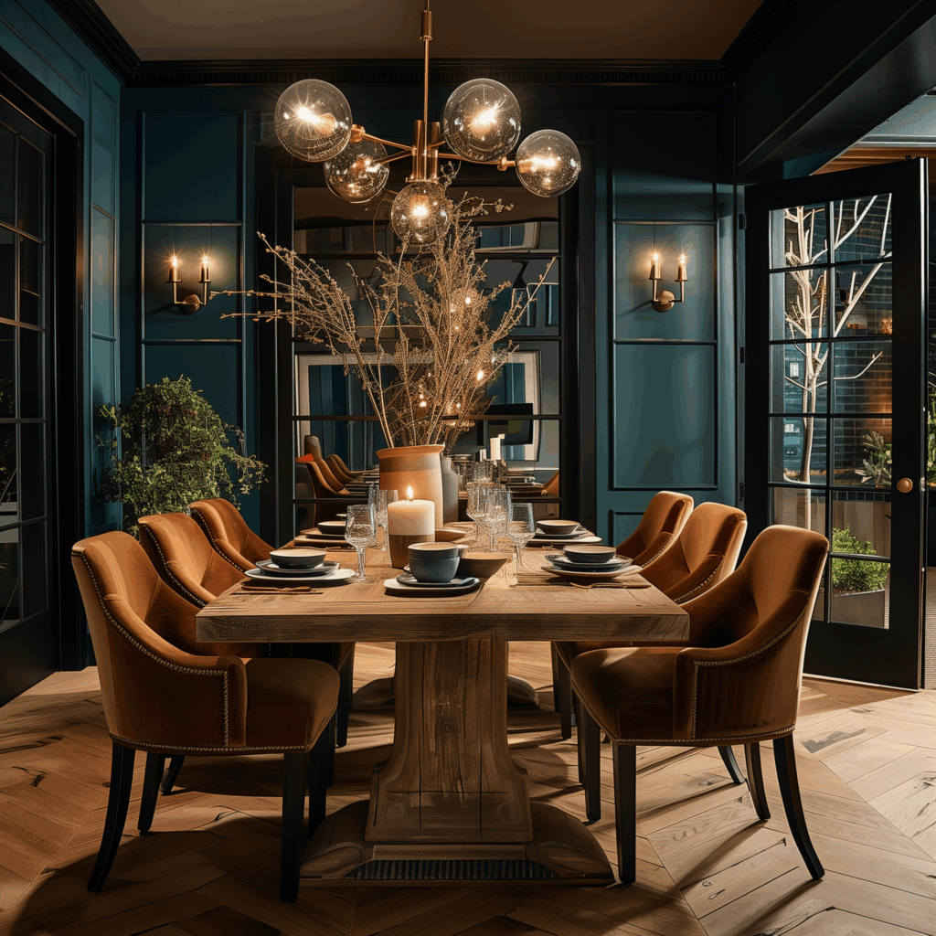 Modern Art Deco dining room inspired by Café Carmellini in New York City, featuring velvet dining chairs, brass globe chandelier, dark teal paneled walls, and elegant mood lighting.