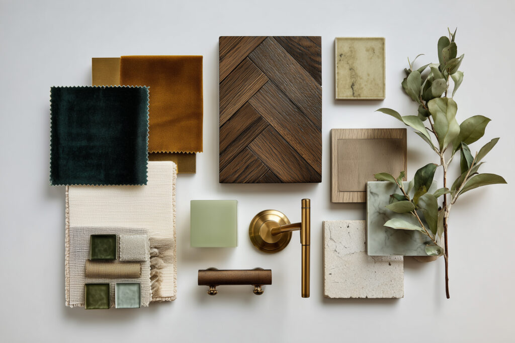 Modern Art Deco interior design mood board inspired by Café Carmellini in New York City, featuring rich velvet textiles, brass hardware, dark herringbone wood, and soft sage and cream tones that capture refined restaurant-style elegance.