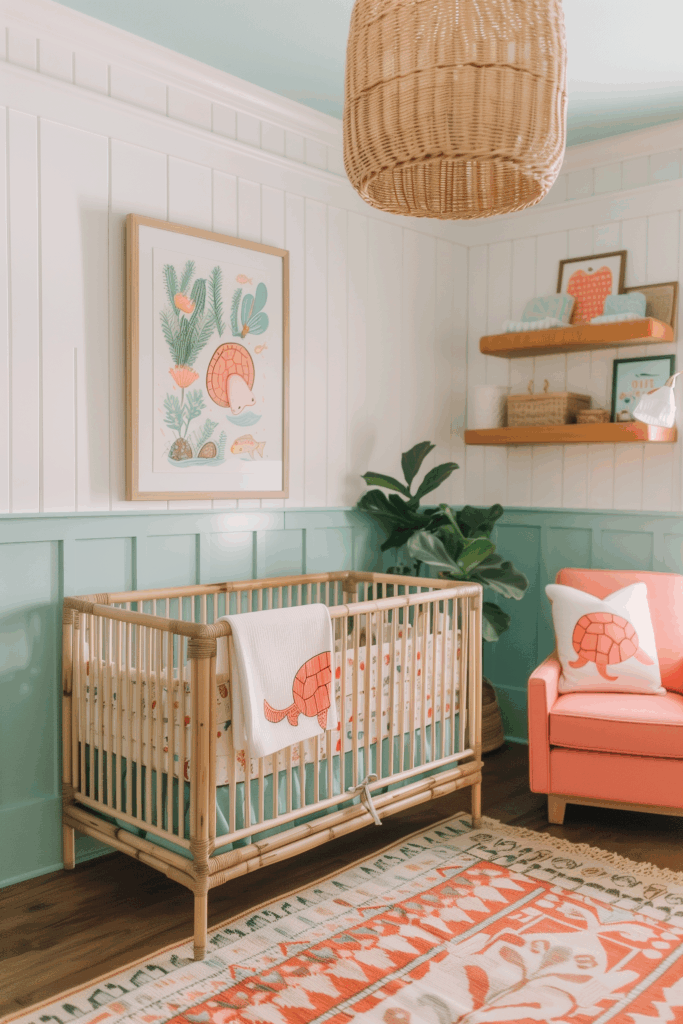 Modern coastal nursery with aqua paneling, coral armchair, and woven rattan crib. Features playful sea turtle artwork, coastal-inspired textiles, and natural materials in a soft, serene color palette for a modern nautical nursery design.