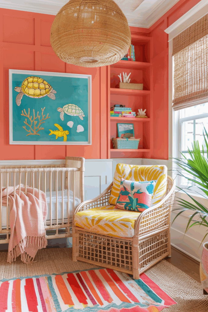 A bright coastal nursery featuring coral-painted walls, rattan crib and armchair, marine life artwork with sea turtles, and tropical-inspired textiles. Designed in a cheerful modern coastal style with natural light and colorful accents, perfect for beach homes or nautical-themed interiors.