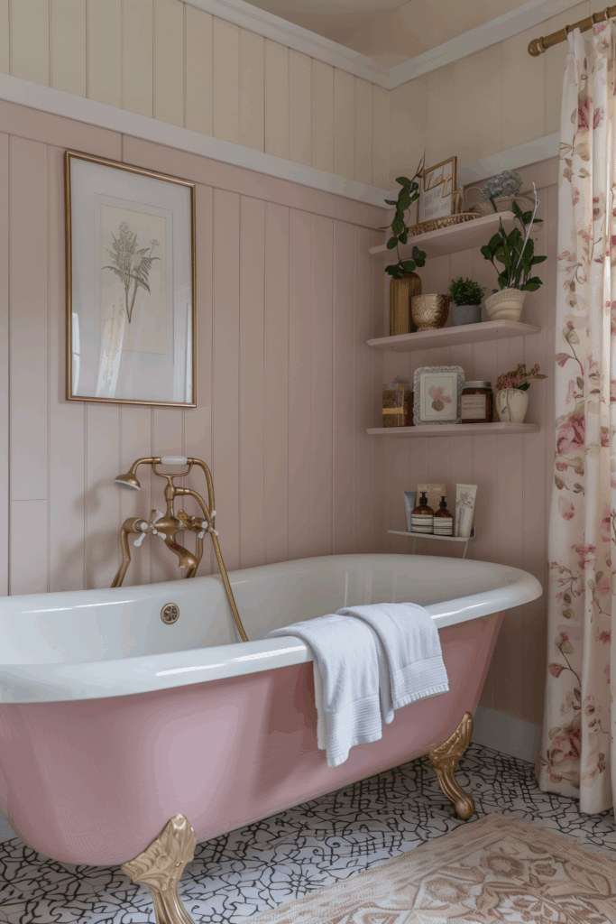 Vintage cottage bathroom with pink clawfoot tub, gold fixtures, floral curtains, blush wall paneling, and open corner shelves decorated with plants and framed art.