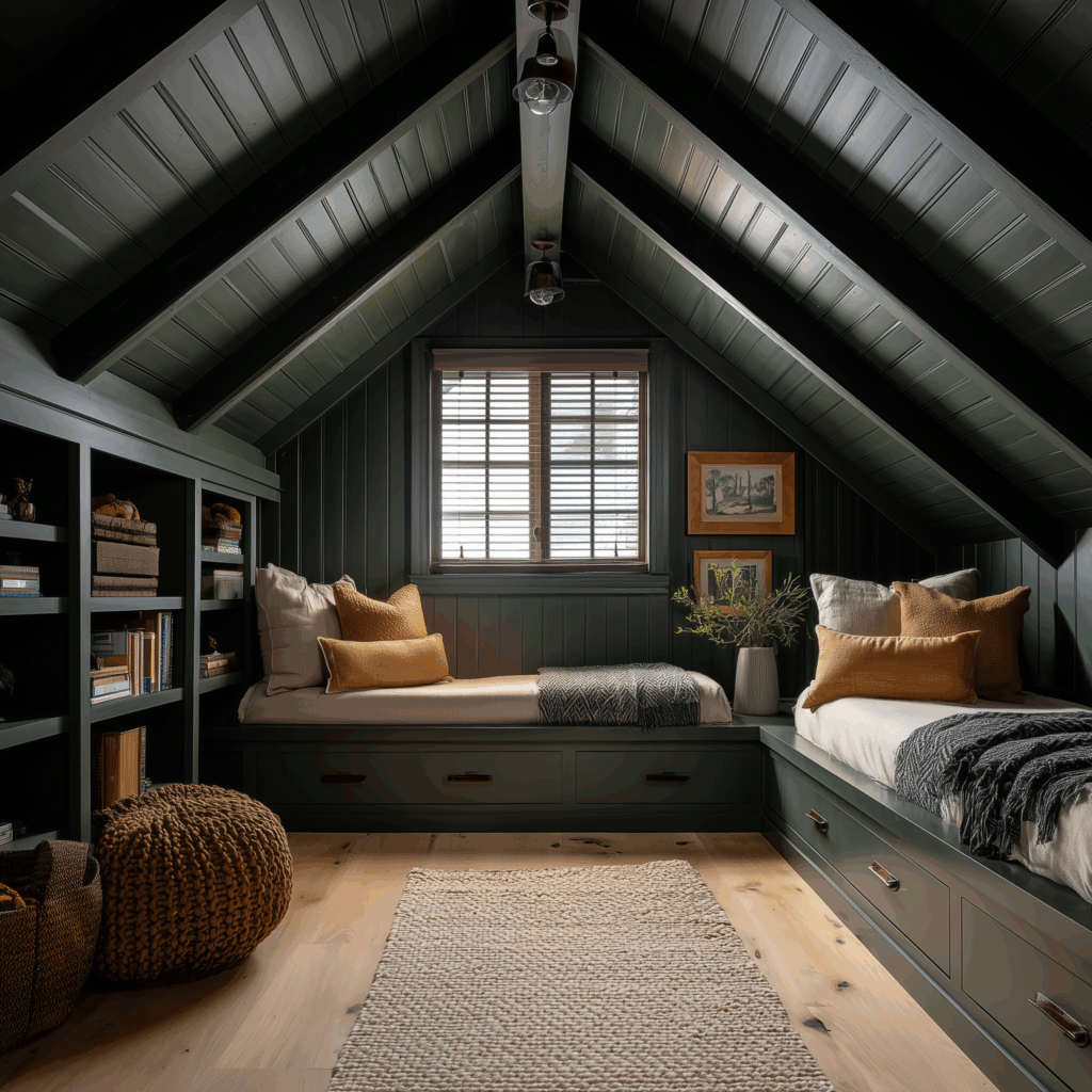 Cozy cottage attic bedroom with green shiplap walls and ceiling, built-in twin beds with storage drawers, warm wood floors, woven rug, and natural light from a central window.