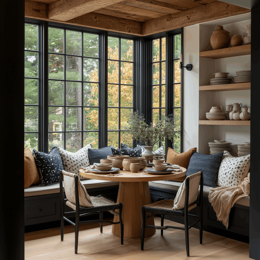 Cozy cottage breakfast nook with black-framed windows overlooking fall foliage, built-in bench seating filled with patterned throw pillows, a round wooden dining table set with pottery dishes, and open wood shelving with pottery and dishes under a rustic beamed ceiling.