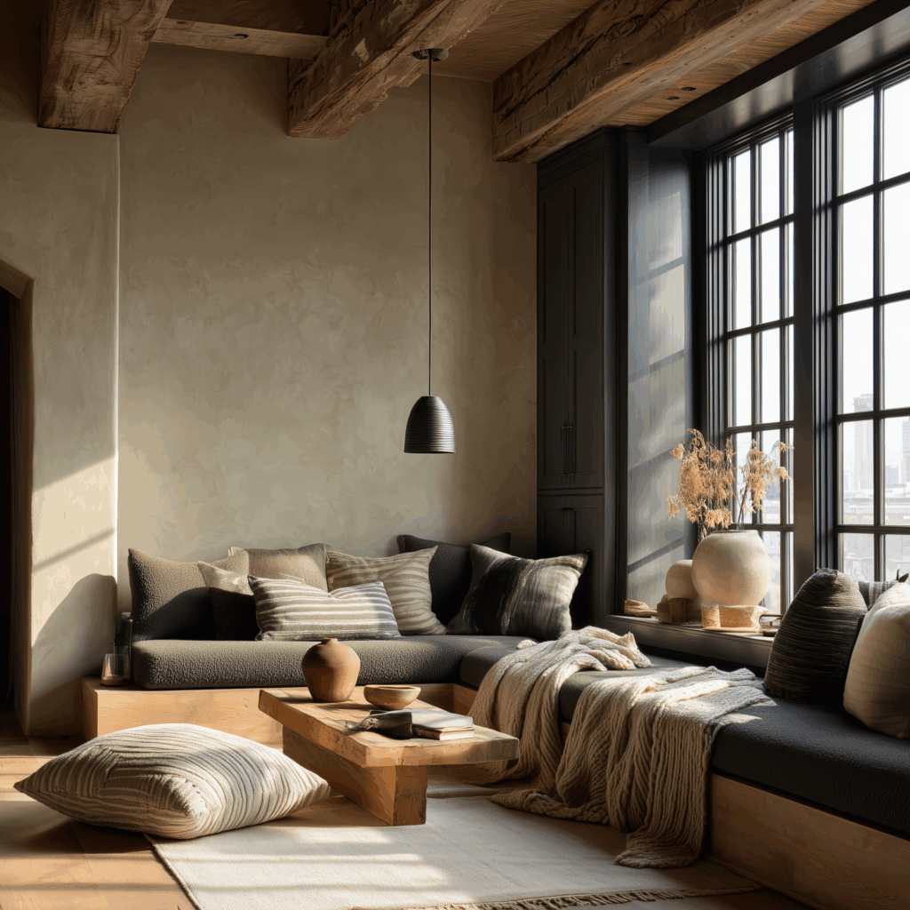 Earthy cottage modern rustic living room with a large window seat, wood ceiling beams, natural plaster walls, cozy neutral pillows, and soft sunlight illuminating textured décor.