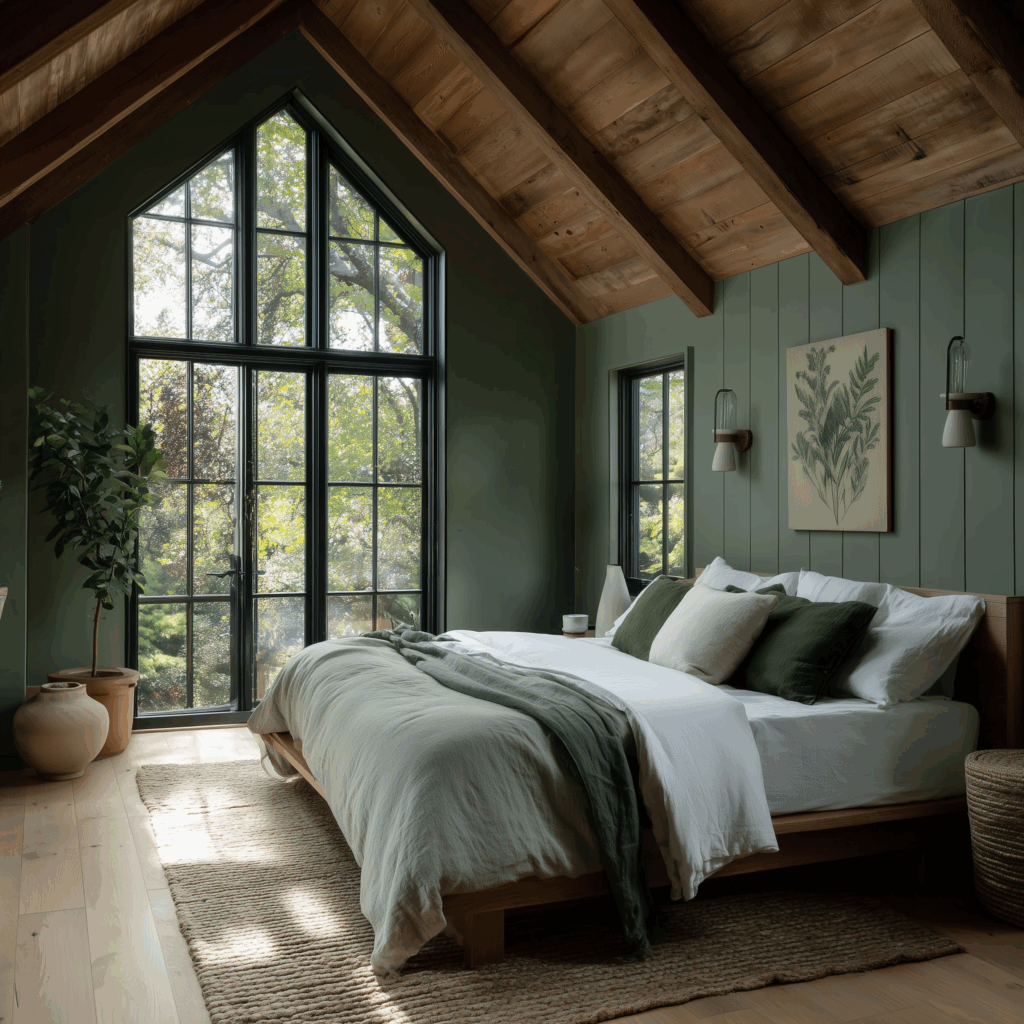 Earthy Cottagecore bedroom with sage green walls, natural wood ceiling beams, linen bedding, and large black-framed windows bringing in natural light — a modern take on cozy cottage style.