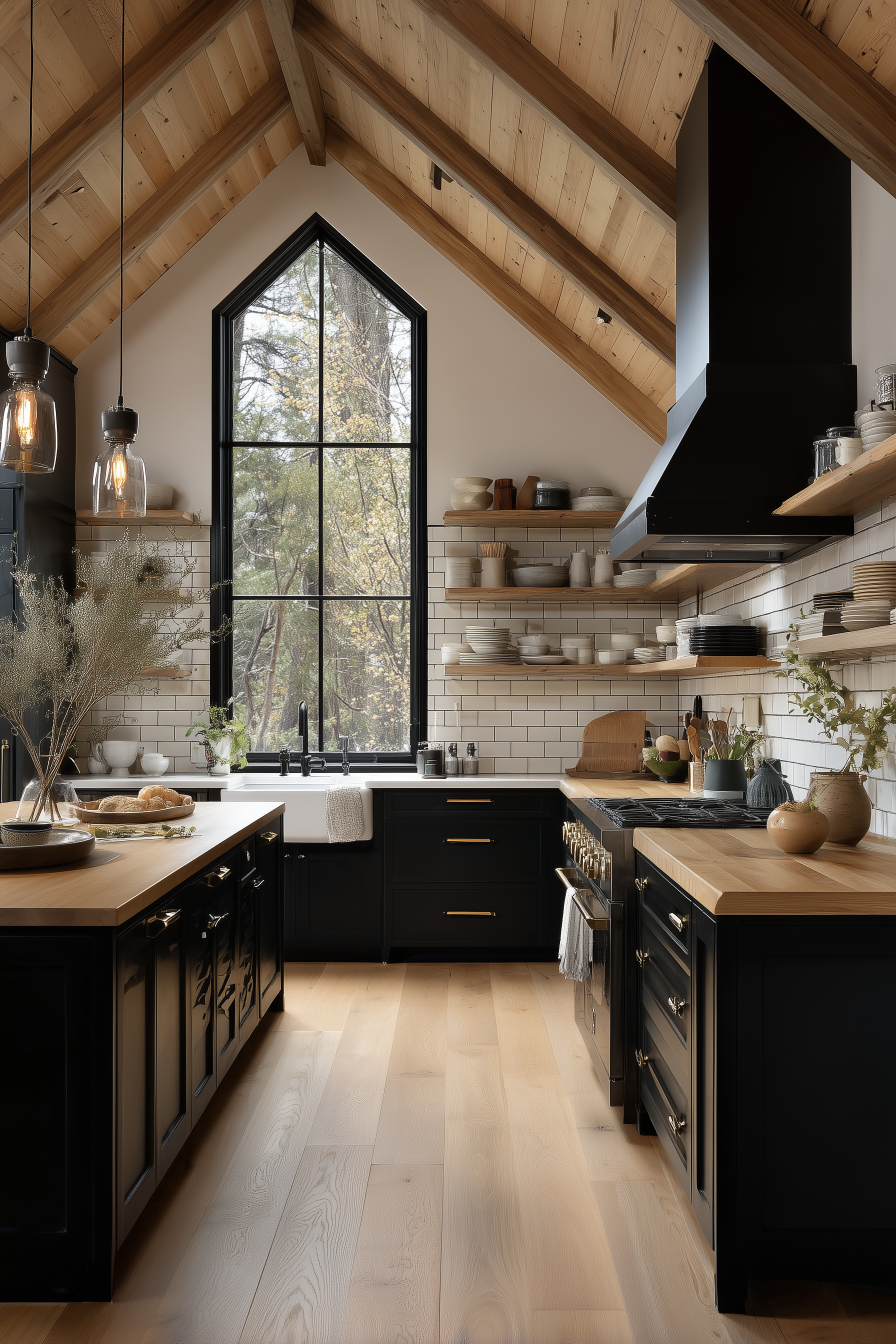 Earthy Cottagecore kitchen with natural wood ceiling beams, matte black cabinets, farmhouse sink, and open shelving styled with ceramic dishes — a modern rustic interior blending warmth and minimalism.