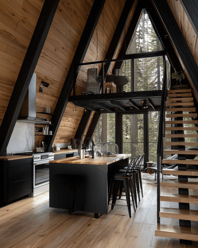 Modern A-frame cabin kitchen with vaulted wood ceilings, matte black cabinets, and a central island under a mezzanine loft. Large floor-to-ceiling windows bring in natural light and frame views of the surrounding forest.