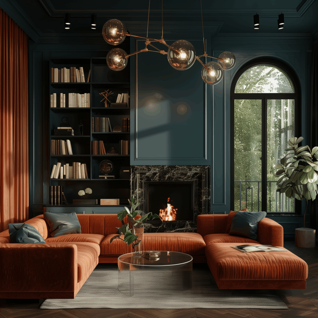 Modern Art Deco living room inspired by Café Carmellini in New York City, featuring burnt orange velvet sofas, teal paneled walls, a marble fireplace, and brass lighting that create a moody yet luxurious interior.