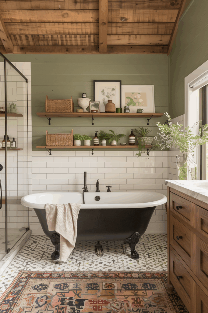 Rustic cottage bathroom with black clawfoot tub, green shiplap walls, white subway tile, patterned floor tile, rustic wood ceiling beams, and open shelves styled with plants and wicker baskets.