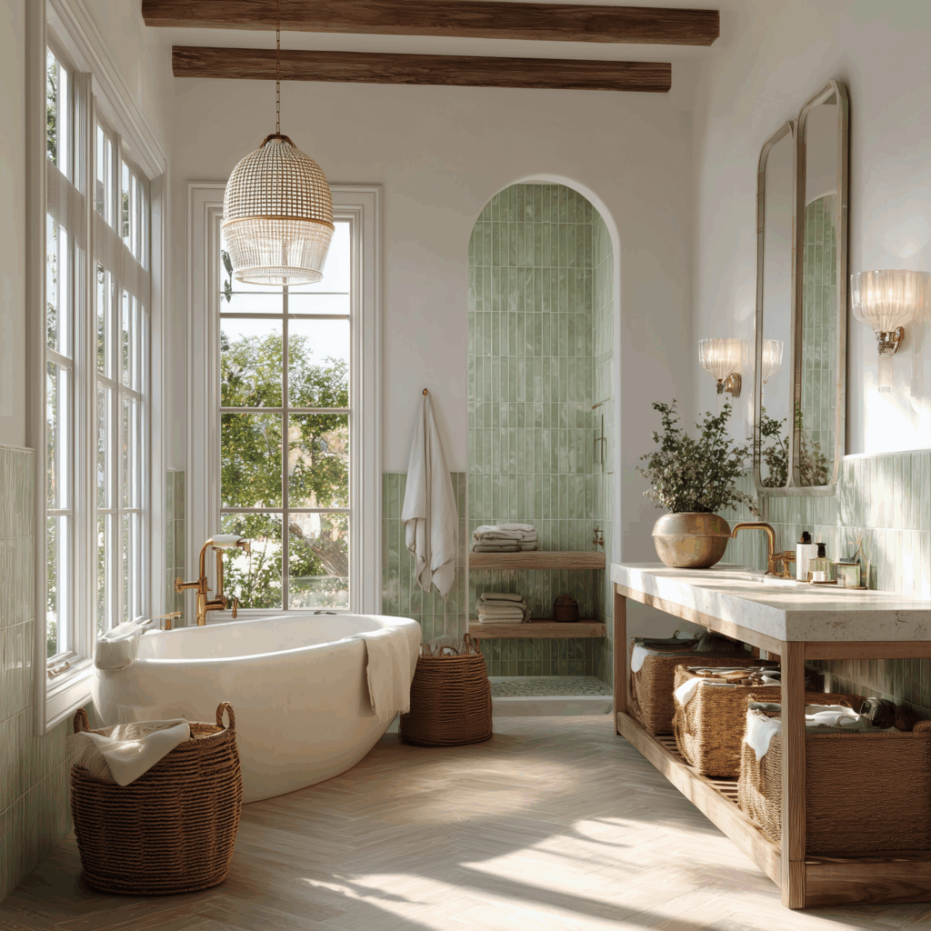 Bright modern cottage bathroom with arched shower tiled in soft green zellige tiles, freestanding white bathtub beside tall windows, wood vanity with woven baskets, and brass fixtures under beamed ceiling.
