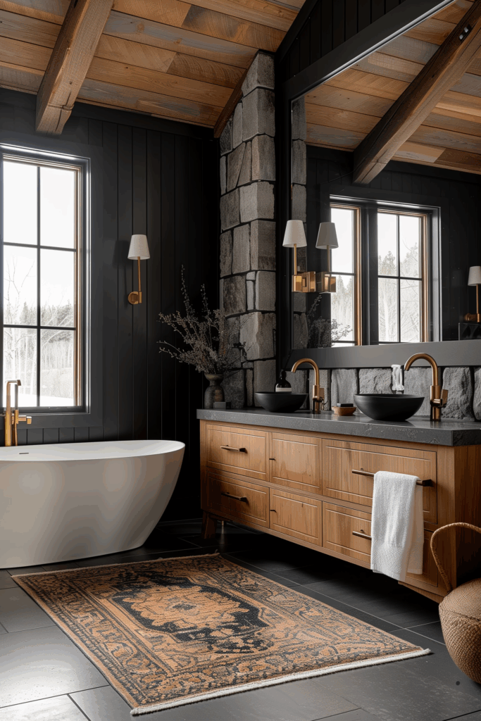 Modern cottage cabin bathroom with black paneled walls, wood vanity, freestanding white bathtub, gold fixtures, stone accent column, and patterned rug under vaulted wood ceiling beams.
