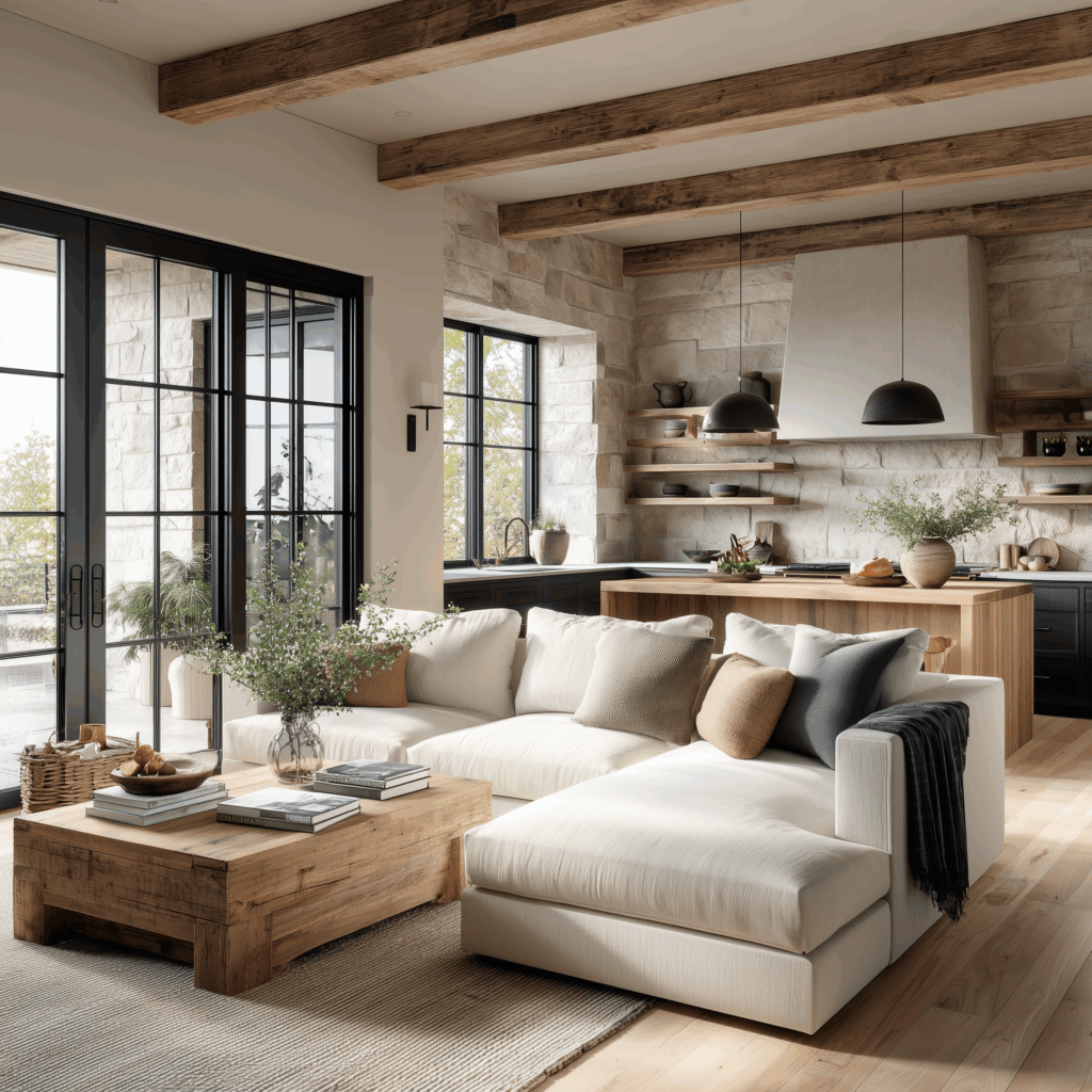 Modern farmhouse living room with open kitchen, exposed wood ceiling beams, stone walls, and large black-framed windows. A white sectional sofa with neutral throw pillows and a rustic wood coffee table create a cozy, natural light-filled interior.