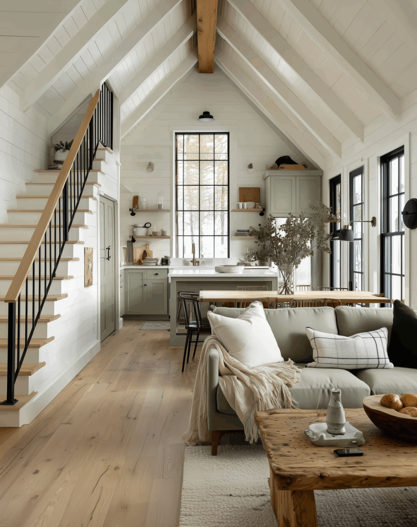 Modern organic cottage kitchen and living room with vaulted beadboard ceiling, sage green cabinetry, white shiplap walls, natural wood beams, cozy linen sofa, rustic coffee table, and soft natural light through black steel windows.