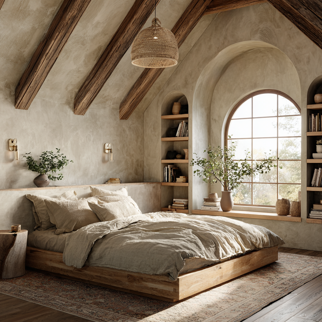 Modern organic earthy cottage bedroom with arched window, limewash walls, exposed wood beams, linen bedding, built-in shelving, and natural light creating a warm, inviting atmosphere.