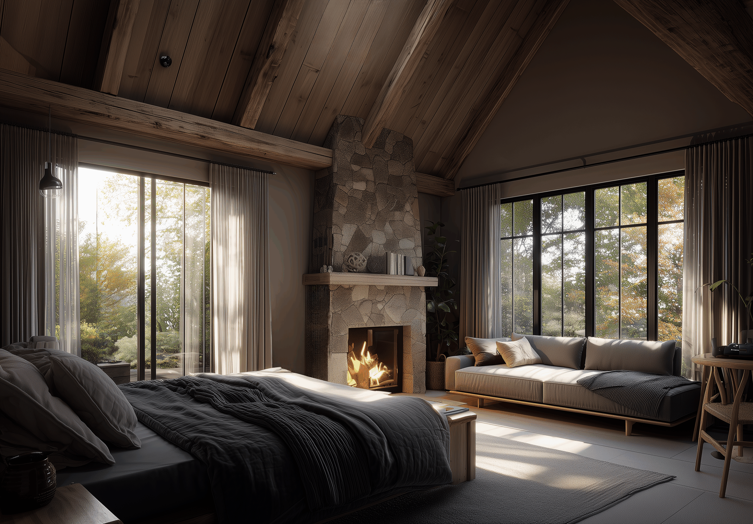 Modern cottagecore aesthetic bedroom with vaulted wood ceilings, cozy stone fireplace, and large black steel windows overlooking the trees. Warm natural light highlights neutral linen bedding, layered textures, and an inviting sofa — a serene retreat blending comfort and sophistication.