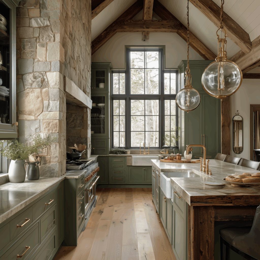 Modern organic earthy cottage kitchen with sage green cabinets, natural stone fireplace surround, vaulted wood beam ceiling, brass lighting, marble countertops, and warm natural textures throughout the space.