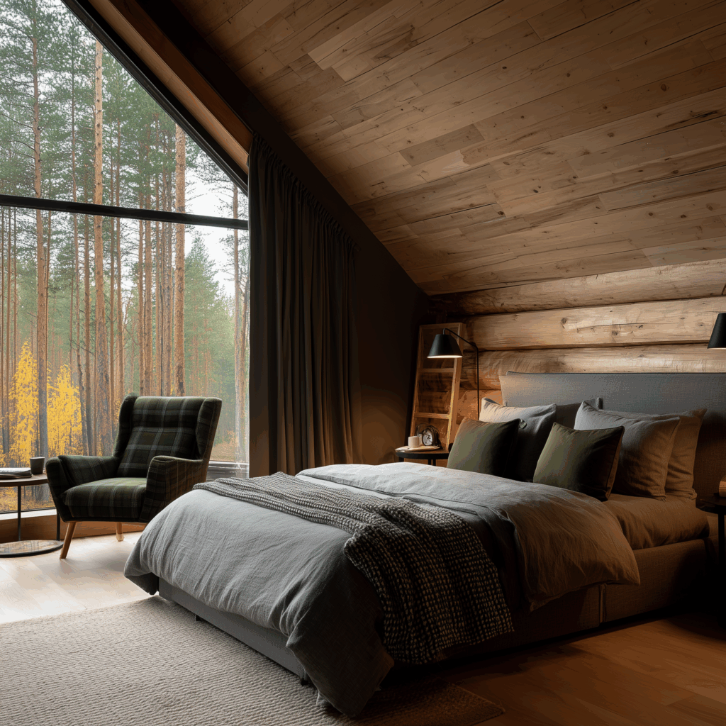 Modern rustic earthy woodland cottage bedroom with large picture window overlooking pine trees, warm wood ceiling, log walls, gray linen bedding, forest-green pillows, and a cozy plaid accent chair creating a refined cabin atmosphere.