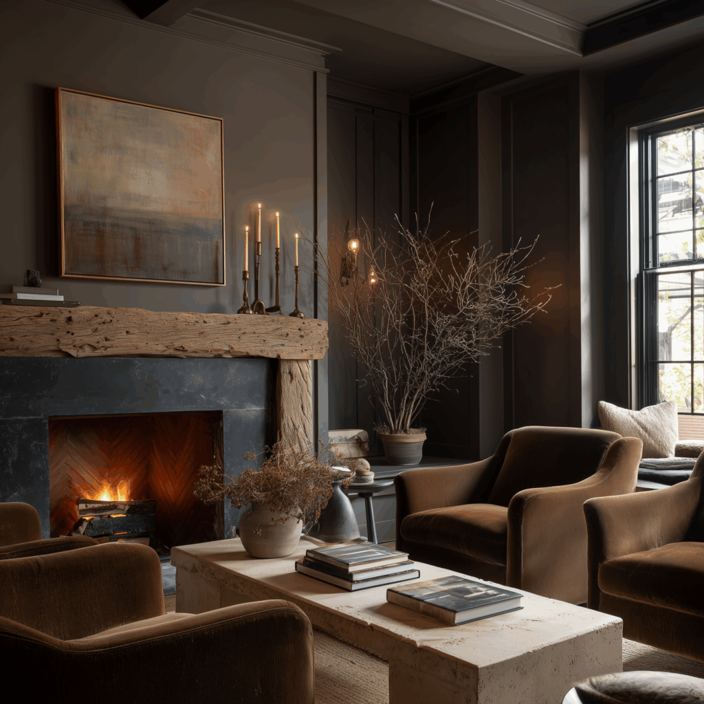 Moody earthy modern cottagecore aesthetic  living room with dark painted walls, rustic wood fireplace mantel, velvet armchairs, soft candlelight, modern artwork, and natural light from large black-trimmed windows.