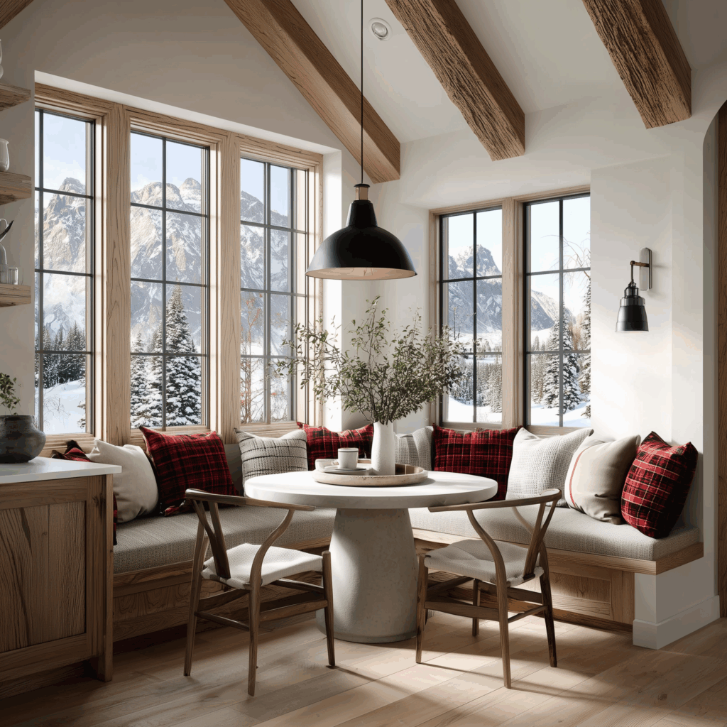 Cozy mountain cabin breakfast nook with exposed wood ceiling beams, large windows framing snowy alpine views, built-in bench seating with red plaid and neutral pillows, and a round white dining table under a black pendant light.