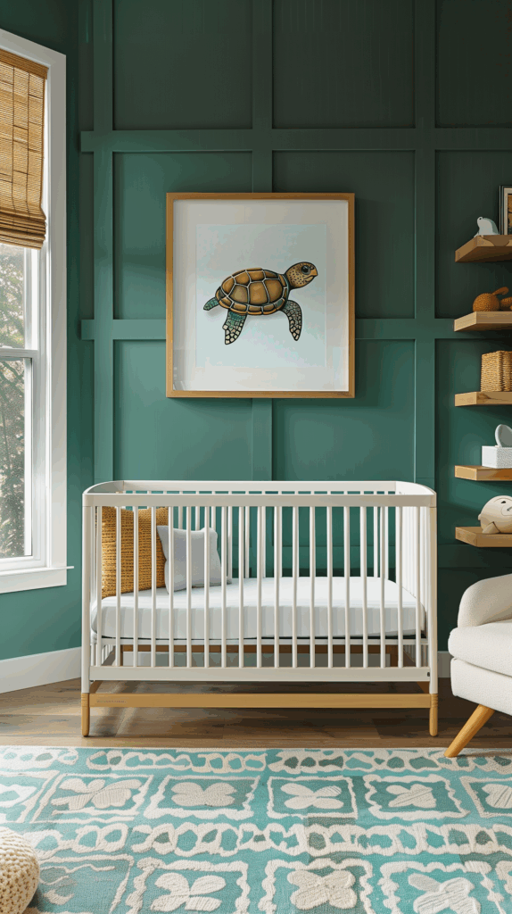Modern nautical nursery with deep teal paneled walls, white crib, and sea turtle wall art. Coastal-inspired decor with woven textures, soft neutrals, and contemporary design elements featured in a modern nautical nursery blog post.