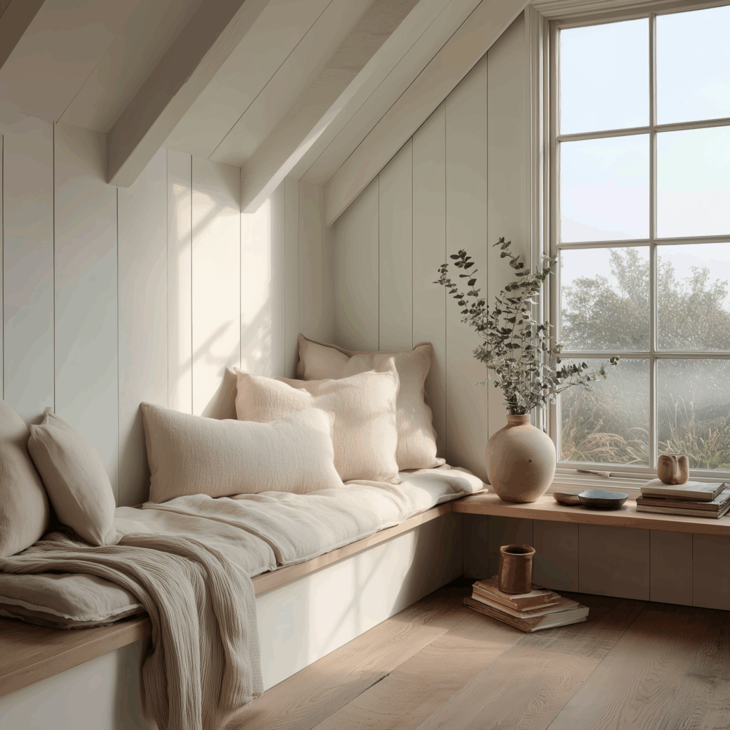 Bright and cozy cottagecore window seat with soft neutral cushions, wood floors, and minimalist décor in a sunlit attic nook with shiplap walls and a large window overlooking greenery.