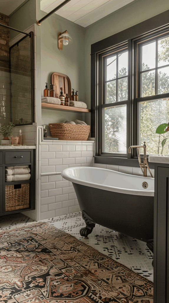 Rustic cottage bathroom with black clawfoot tub, sage green walls, white subway tile, vintage patterned rug, woven storage baskets, and bronze fixtures by large windows.