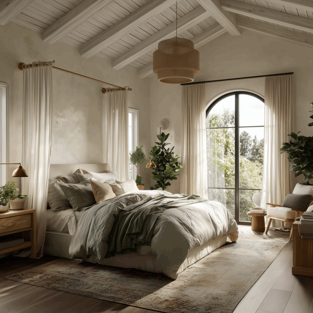 Serene earthy cottage bedroom with vaulted wood beam ceiling, arched window, soft natural light, layered neutral bedding, and warm organic décor with plants and woven textures.