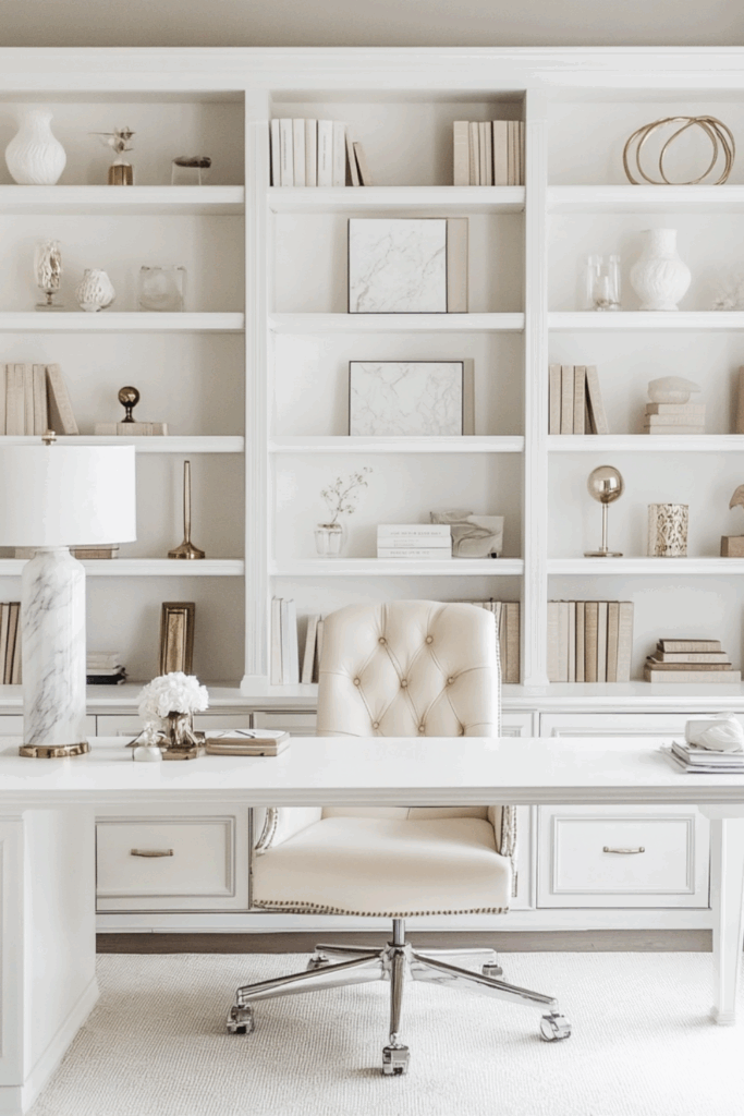 Neutral home office with white built-in bookshelves styled with books, vases, and gold accents. Features a tufted cream desk chair, marble lamp, and layered shelf styling for a clean, modern look.