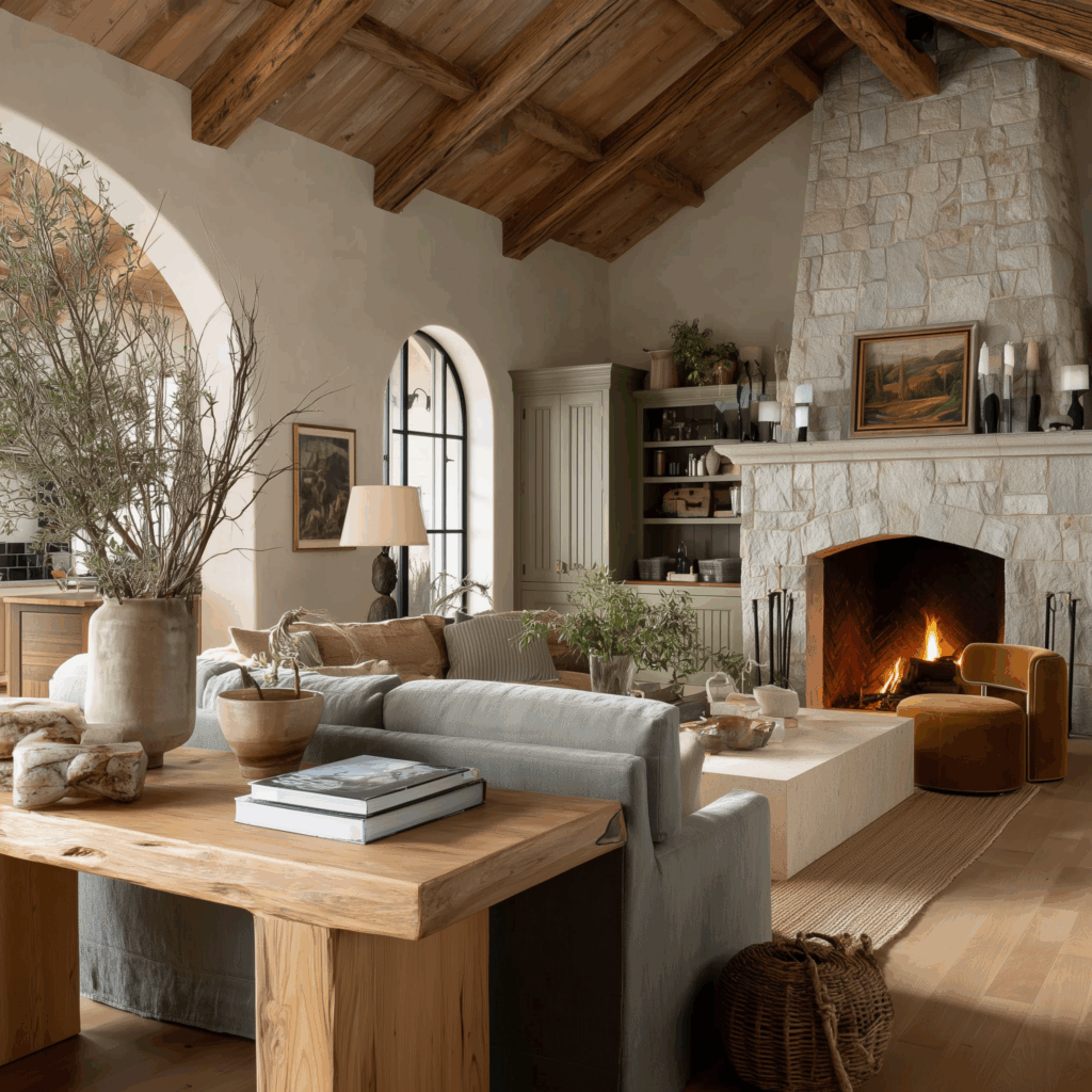 Warm earthy cottage living room with a tall stone fireplace, wood beam ceiling, arched doorway, natural textures, and Mediterranean-inspired rustic décor in soft neutral tones.