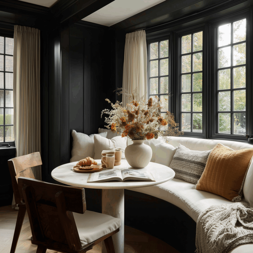 A cozy modern breakfast nook with black paneled walls, a curved built-in banquette with layered neutral pillows, a white round marble table styled with croissants and coffee, and a ceramic vase filled with dried floral stems. Large grid-pane windows bring in natural light, highlighting the warm wood chair and soft throw blanket — an interior design example used to illustrate decorating myths and why traditional rules can be broken.
