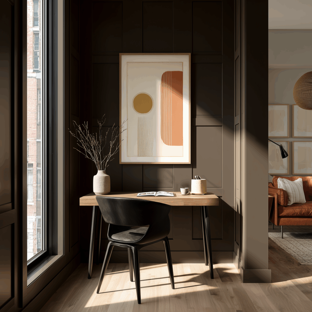 A modern home office nook with dark brown wall paneling and a minimalist wood desk positioned beside a large window overlooking an urban streetscape. The space features a sculptural black chair, a ceramic vase with branches, and abstract geometric artwork in warm terracotta and mustard tones. Sunlight streams across the paneled walls and light wood floors, showing how designers break traditional decorating rules by using dark paint colors in small spaces to create a sophisticated, high-contrast workspace.