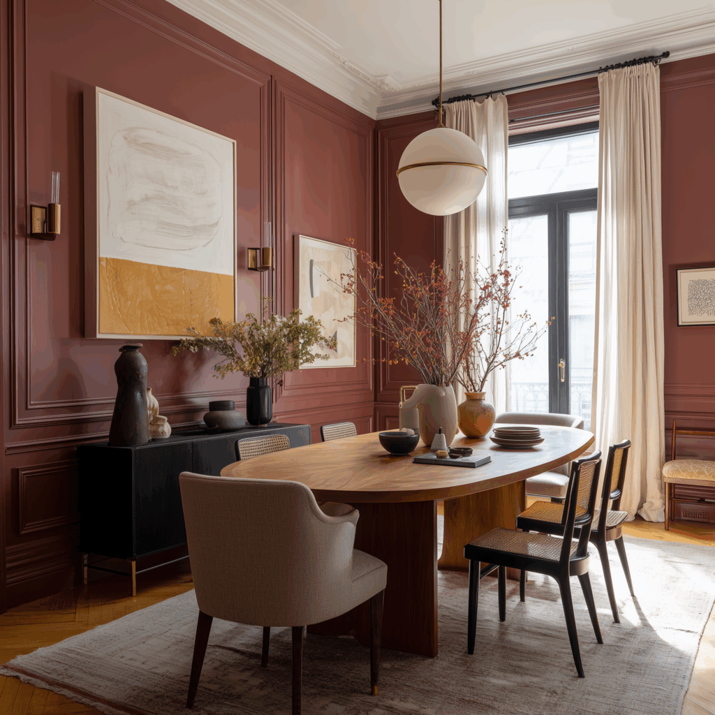 Elegant dining room with mismatched dining furniture featuring sculptural upholstered host chair, woven cane side chairs, warm wood oval dining table, berry-toned wall paneling, large contemporary abstract art, and ceramic vases with branches—showcasing the interior design rule to break that dining room furniture does not need to match.