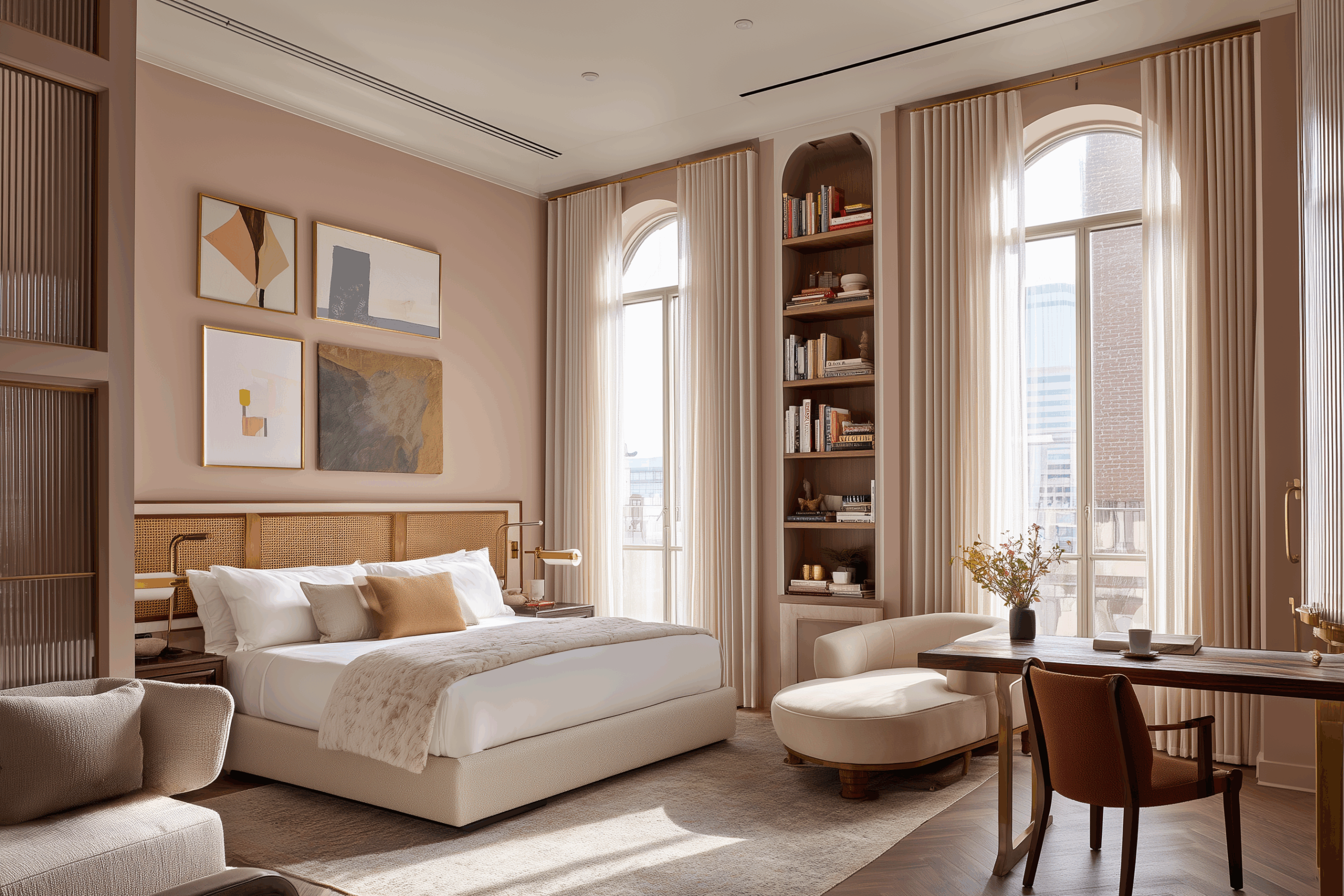 Warm modern bedroom with blush-pink walls, arched windows, cane headboard, and layered neutral textiles; curated mix of contemporary furniture, abstract art, and built-in shelving styled with books and ceramics—illustrating a sophisticated, rule-breaking approach to interior design.”