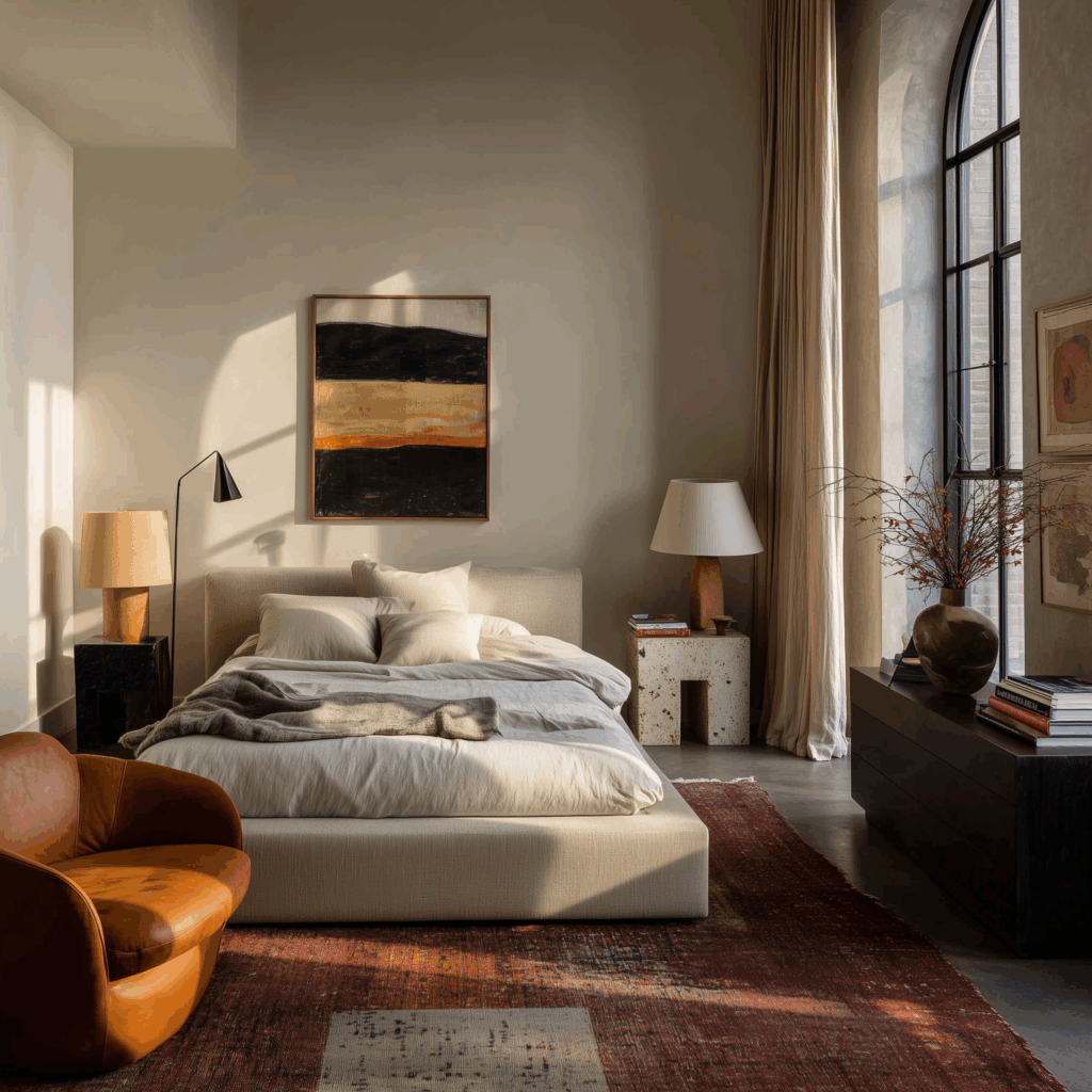 Moody modern bedroom with mismatched furniture, featuring a minimalist upholstered platform bed, a sculptural black accent chair, terracotta leather lounge chair, terrazzo bedside tables, oversized arched window, abstract artwork, and layered vintage rug—showcasing how mixing furniture styles creates a sophisticated, collected interior