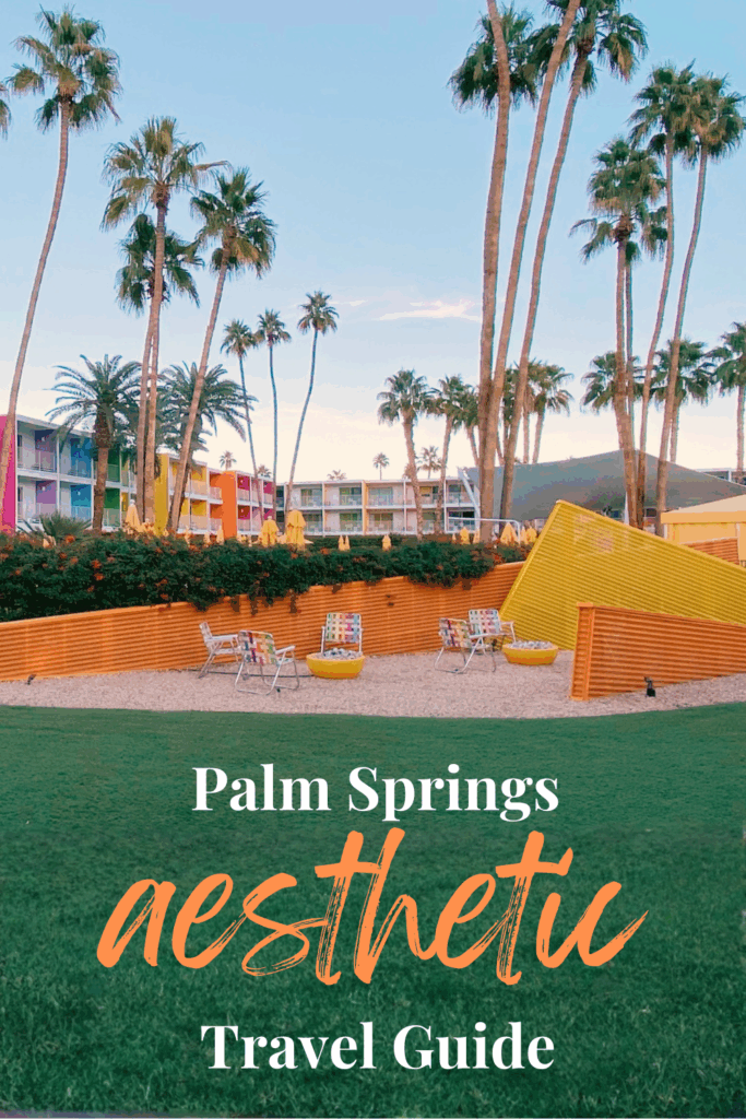 Cover graphic for a Palm Springs Aesthetic Travel Guide featuring the colorful balconies of The Saguaro, desert landscaping, tall palm trees, and text overlay on the lower half of the image.