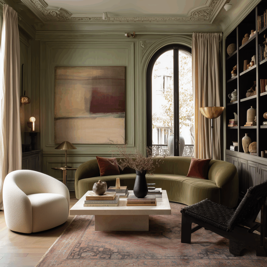 European-style eclectic living room with an olive-green curved sofa, a sculptural cream boucle lounge chair, and a black woven accent chair arranged around a minimalist stone coffee table. Set within a Parisian-inspired room with sage green wall paneling, tall arched windows, neutral curtains, built-in shelves styled with ceramics, and a modern abstract painting, this mix-and-match design showcases how contrasting shapes, textures, and silhouettes create a curated, high-end aesthetic.