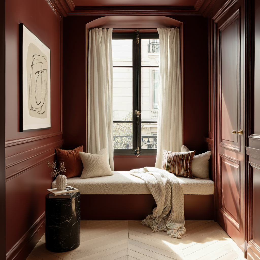 A cozy interior design window-seat nook with deep red painted wall paneling and custom millwork, featuring a cream upholstered bench layered with textured pillows and a soft throw blanket. Floor-to-ceiling neutral curtains frame the black metal window overlooking a classic European-style building. A black marble side table with sculptural décor adds contrast against the warm red walls, showcasing a modern example of breaking traditional decorating rules by embracing dark, saturated color in a small space.