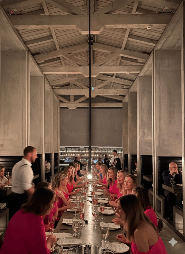 Industrial-style dining room at Workshop Kitchen + Bar in Palm Springs featuring soaring trussed ceilings, concrete walls, and a dramatic long communal table set for dinner, with warm ambient lighting and a lively atmosphere.