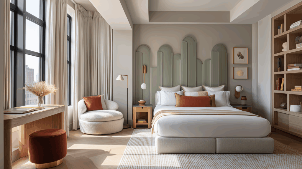 Modern bedroom with sage green arched upholstered headboard panels, soft architectural curves, rust and cream accents, large black-frame windows, and light wood furniture.