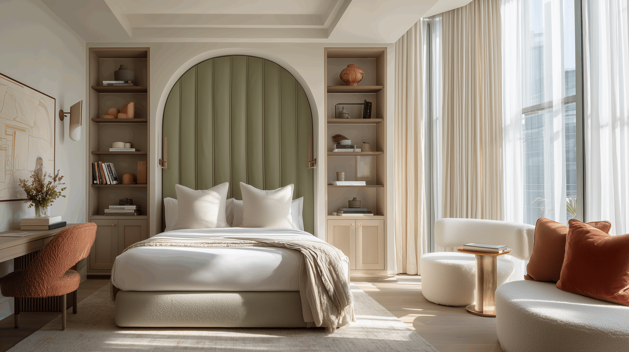 Light-filled neutral bedroom with a sage green arched upholstered headboard, built-in wood shelving, creamy bouclé chairs, rust accent pillows, and soft modern architecture.