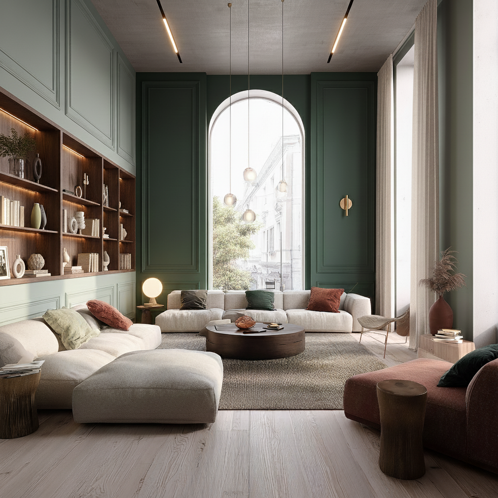 Modern living room with deep green paneled walls, a soaring arched window, and a large modular cream sofa layered with earthy pillows; built-in wood shelving, sculptural accent seating, and contemporary pendant lighting create a richly styled, high-ceilinged interior with an elevated, aesthetic-living feel.